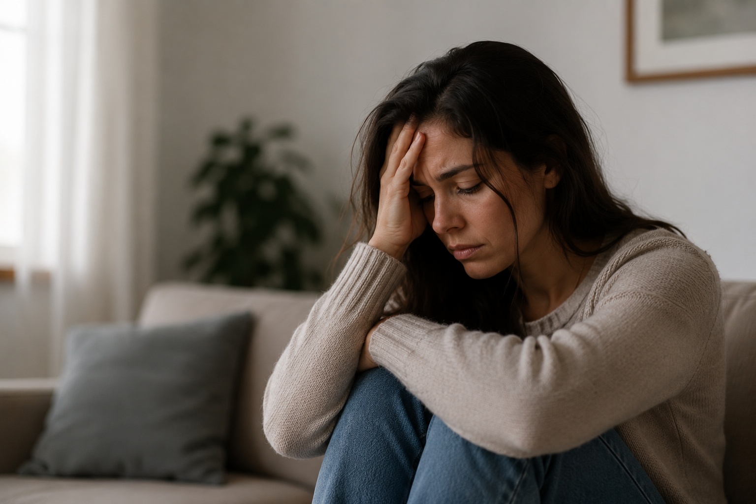 Young woman with a sad and distressed expression, sitting on a sofa in an indoor setting, representing the emotional impact of psychological trauma.