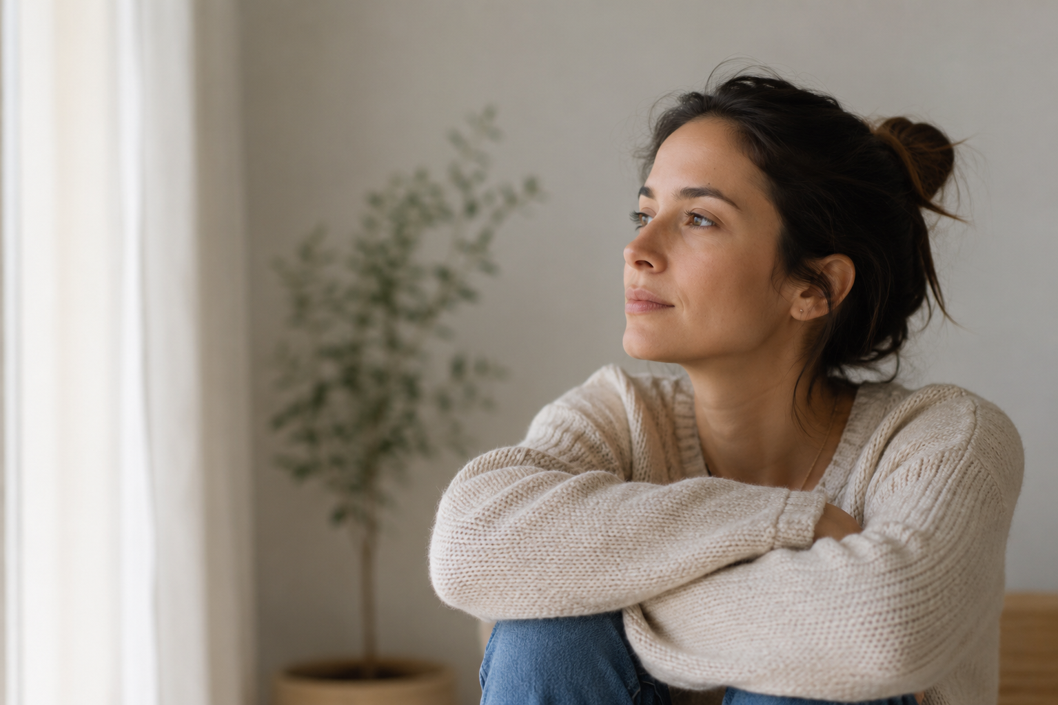 Young woman with a hopeful expression, sitting on a sofa in an indoor setting, representing how healing trauma brings back hope and a renewed countenance.
